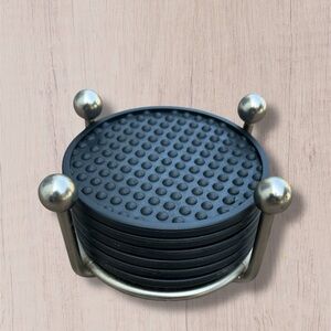 Pottery Barn Black Coaster Set with Silver Holder